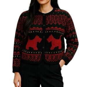 Vintage Casual Corner Scottish Terrier Cardigan M Navy Ugly Christmas Sweater